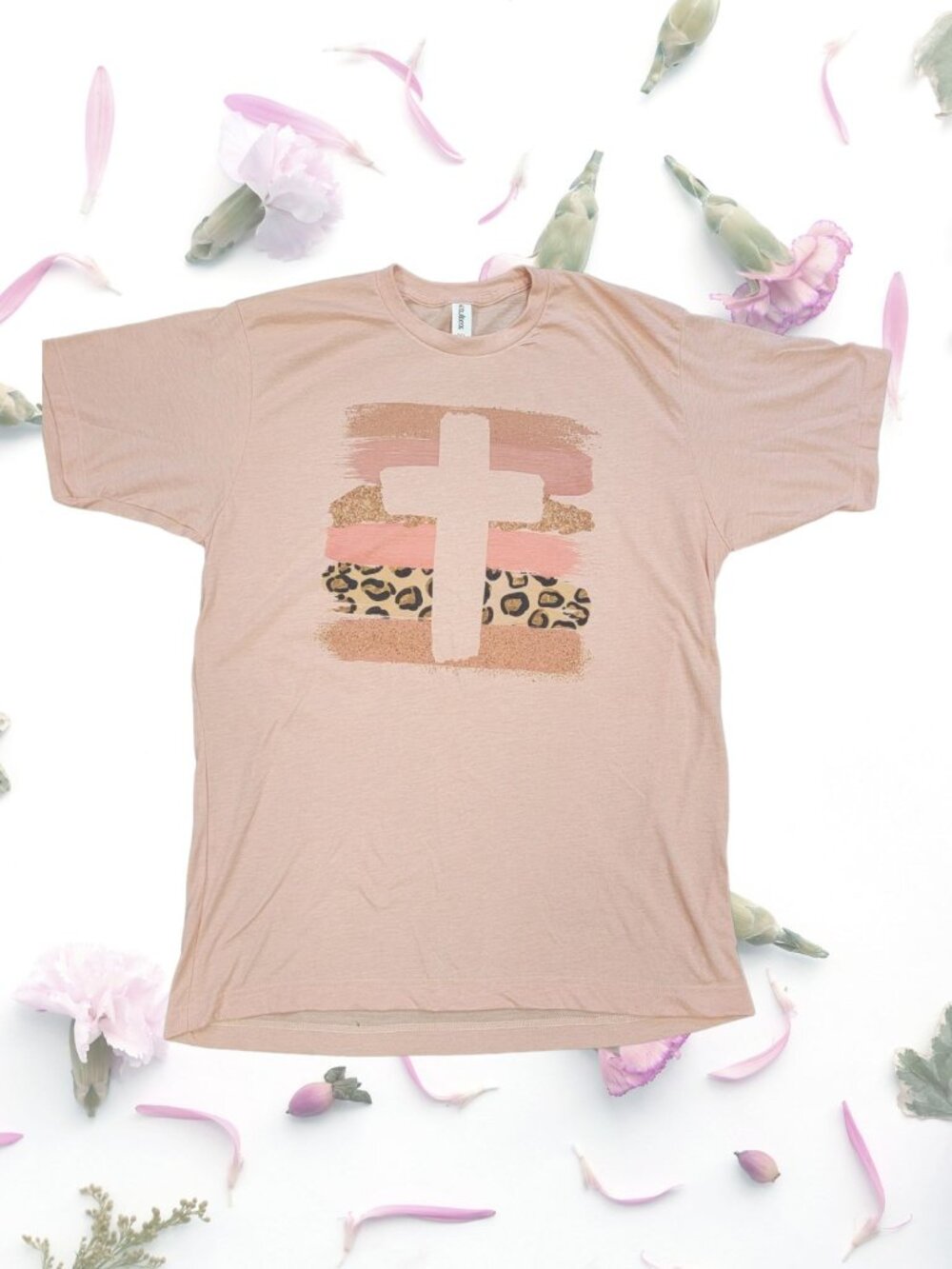 Christian Graphic Tee With Cross & Leopard Print Design - Light Pink - Tultex Si